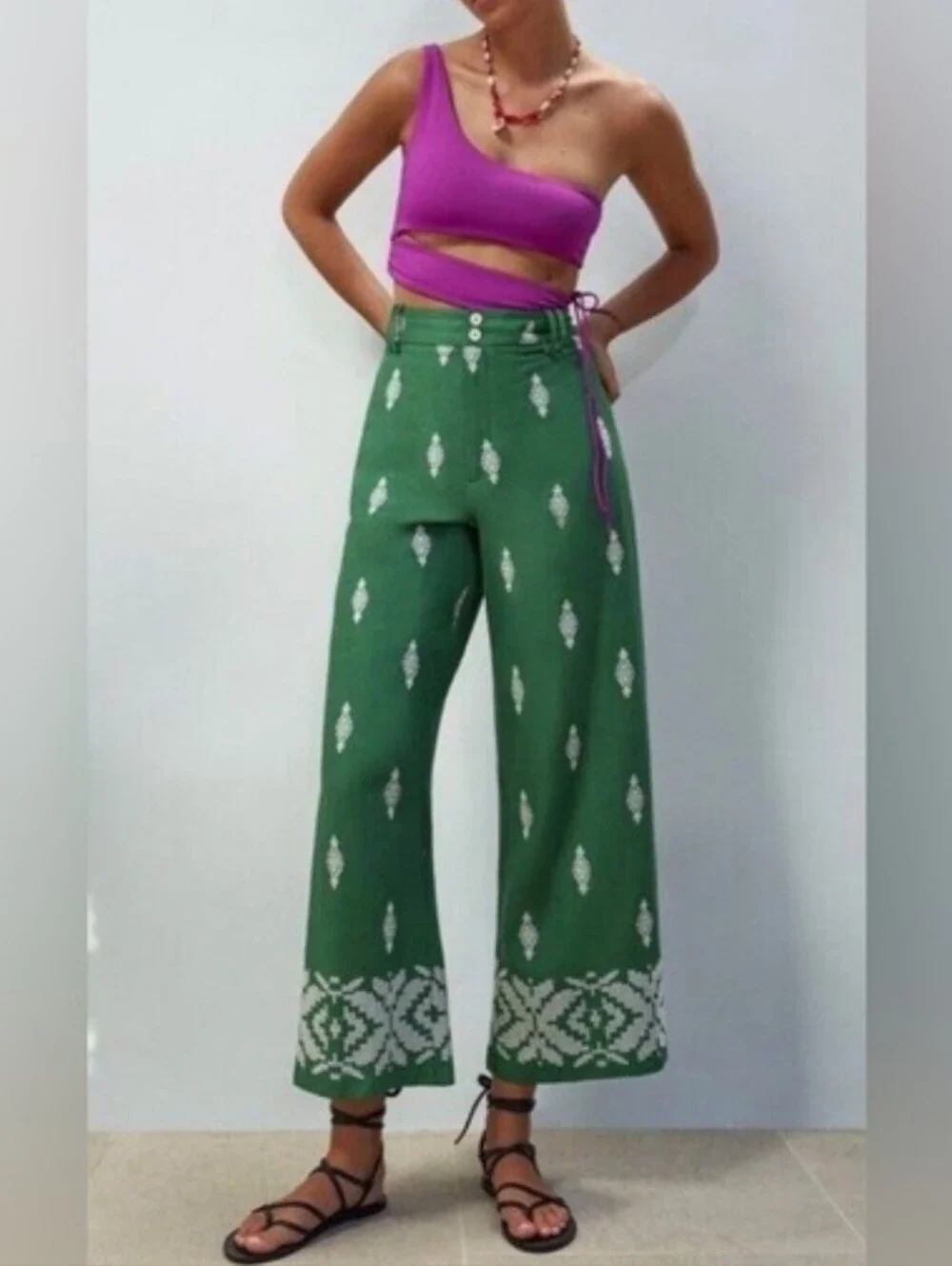 Zara Linen Green Embroidered Wide-Leg Resort [Medium] Pants Beach Tropical